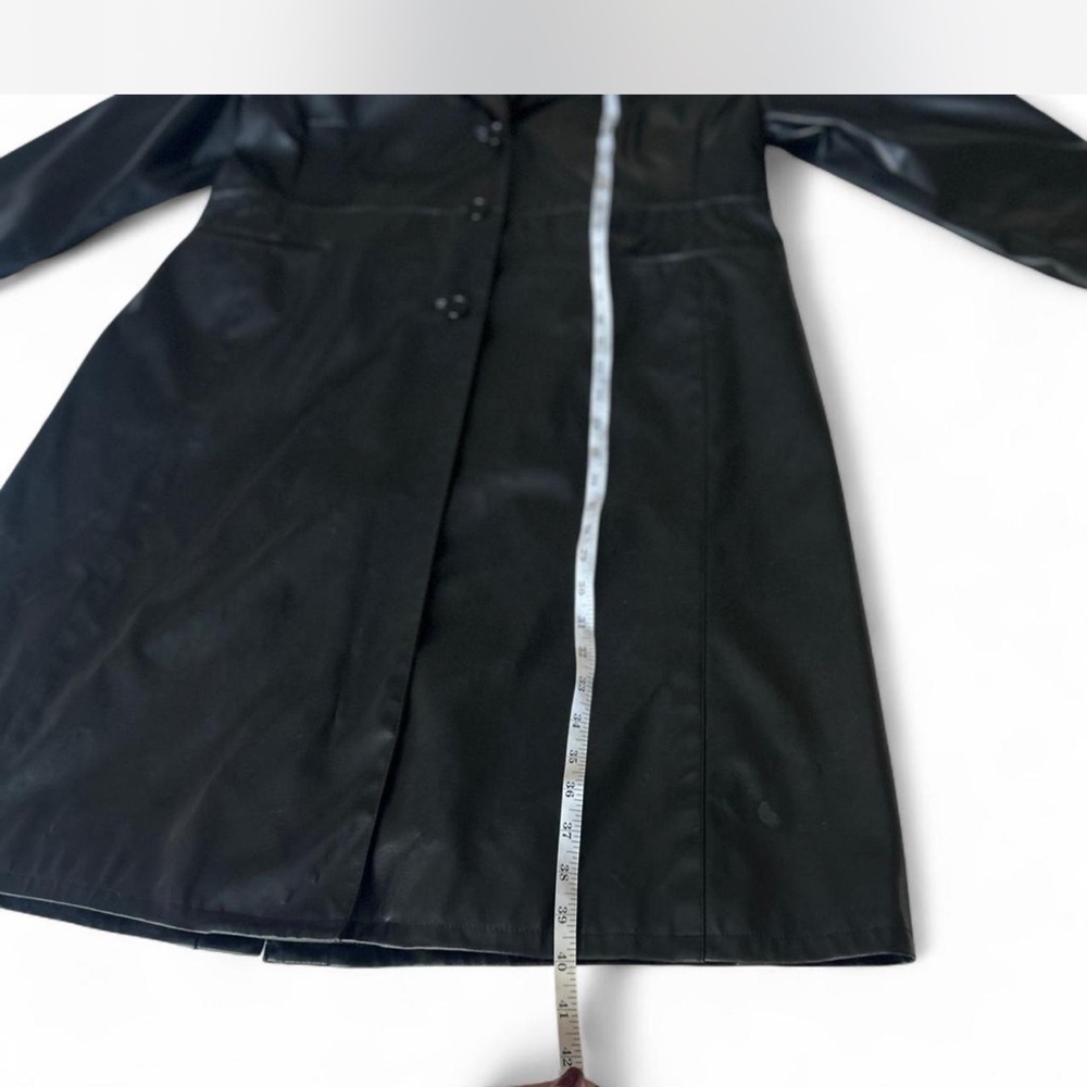 90's Black Faux Leather Long Trench Coat Woman's Large - Picture 5 of 8